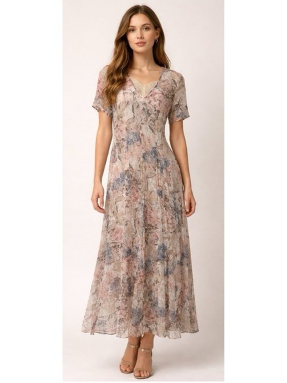 Vintage Starina Floral Lace-Trim Maxi Dress in Blush Pink and Blue
